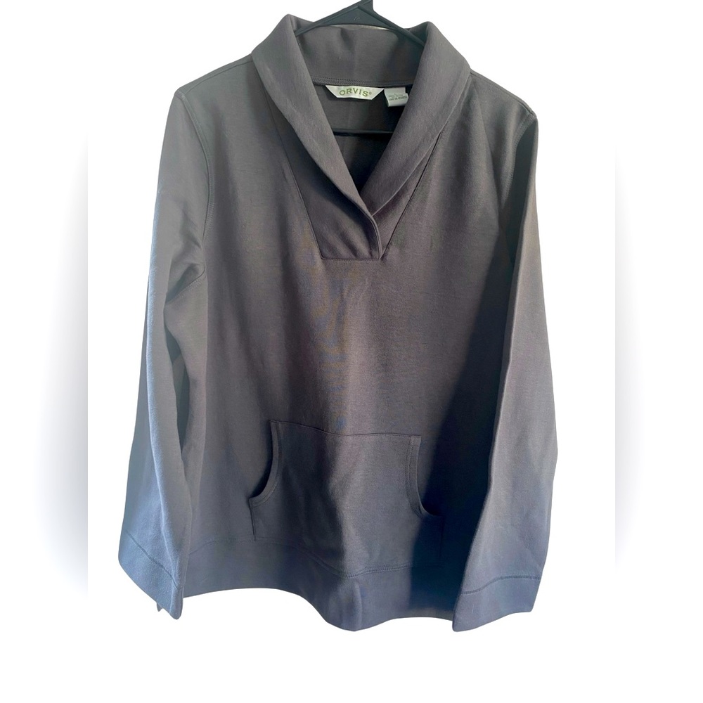 Orvis Sweatshirt Charcoal Gray Fleece Kangaroo Pocket Pullover Sz L NEW